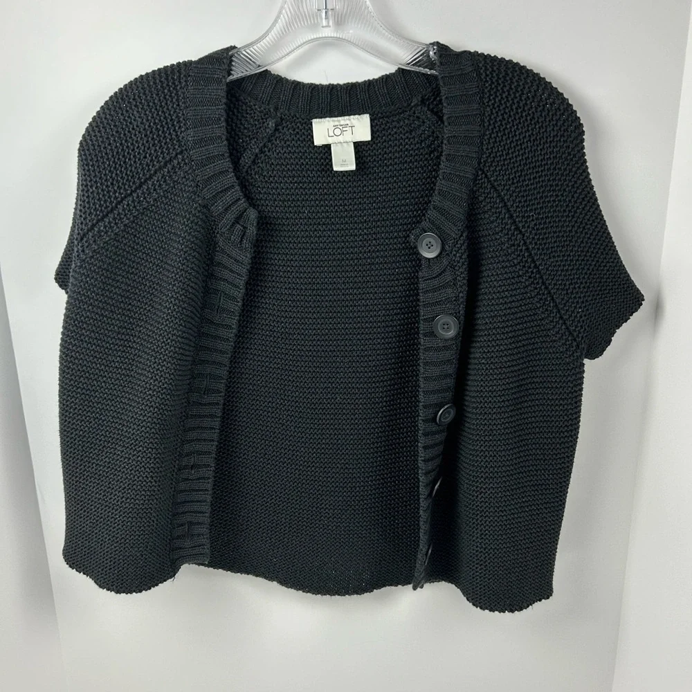 LOFT Black Short Sleeve Knit Button Front Cardigan
